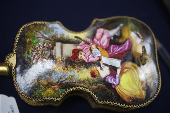 Two 20th century Viennese enamel musical boxes, in the form of a piano and a cello with stand, 6.5in. & 11.5in.
